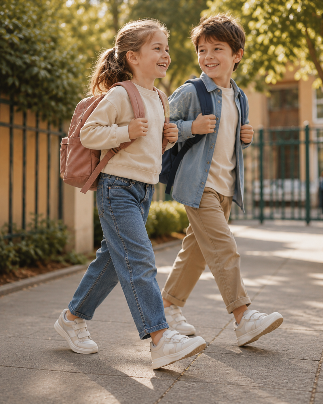 Niña y niño caminando con mochila en un entorno escolar y calzado infantil cómodo para la vuelta al cole