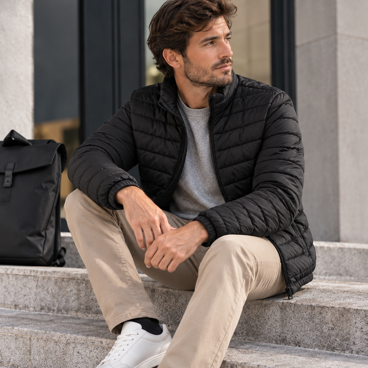 Chaqueta acolchada de hombre en color negro, combinada con jersey gris y pantalón beige en un entorno urbano.