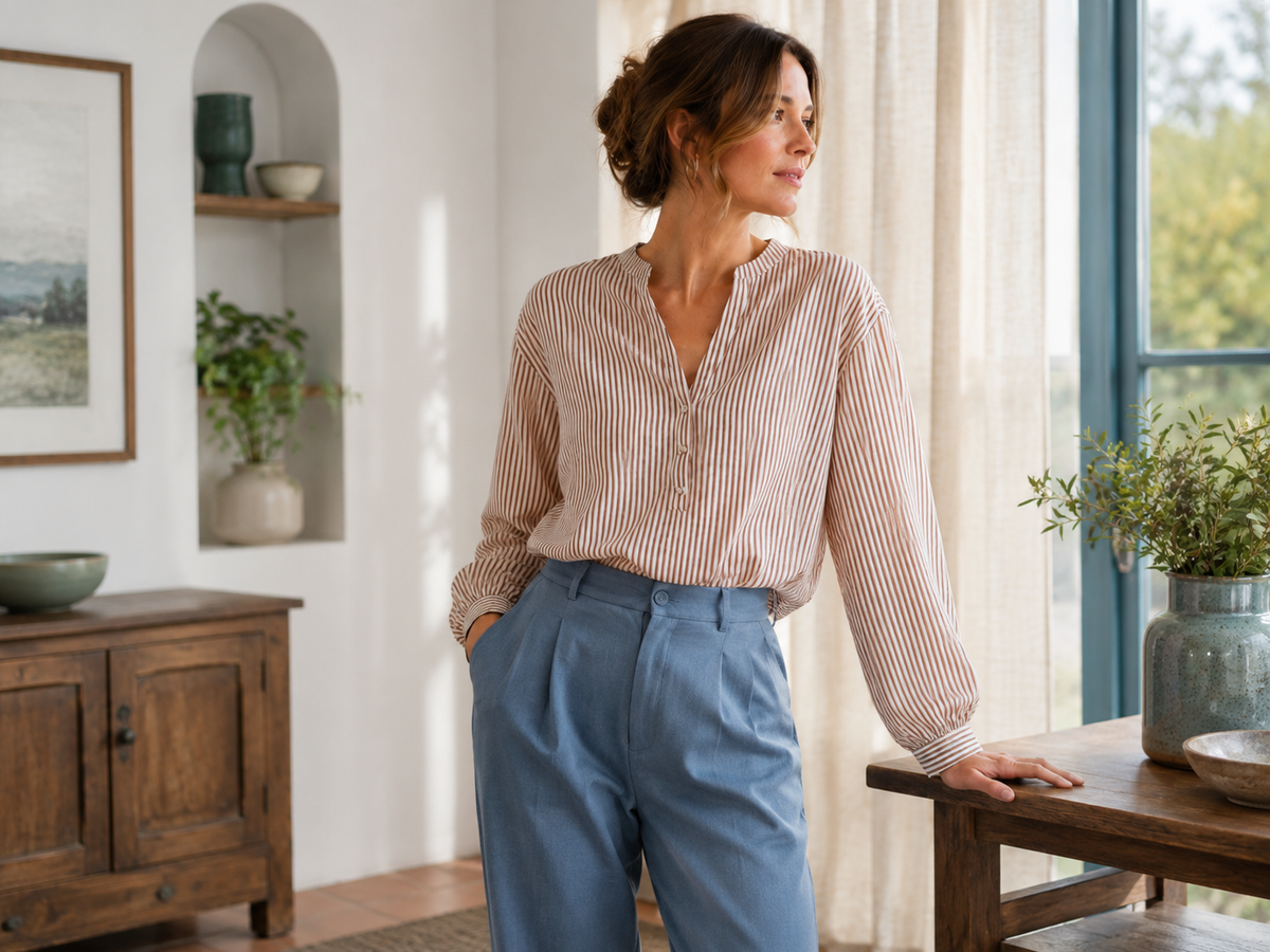 Mujer con camisa de rayas en tonos marrón y blanco combinada con pantalón azul, en un interior luminoso.