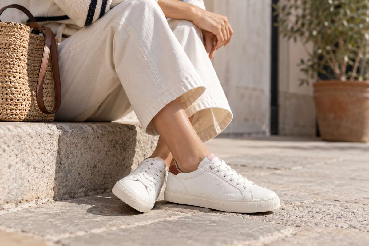 Moda casual con zapatillas blancas al sol