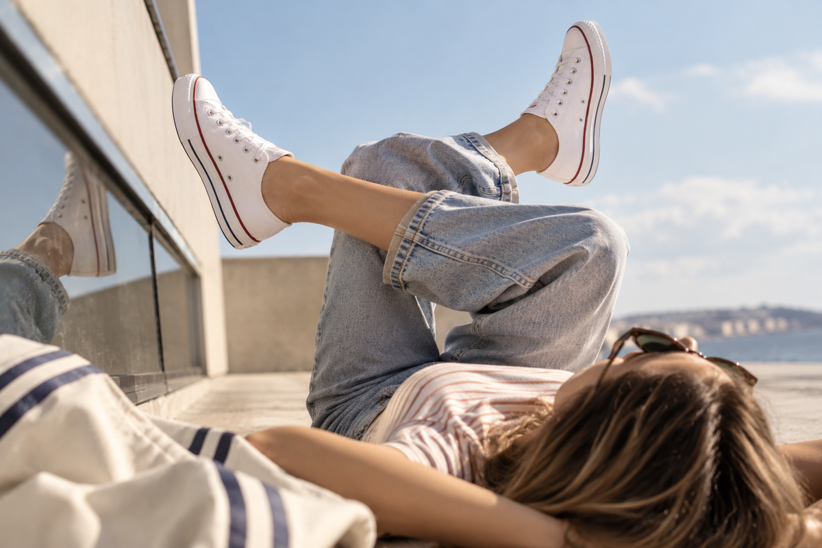 Una mujer con unas zapatillas de lona bajo el cielo costero descansando

