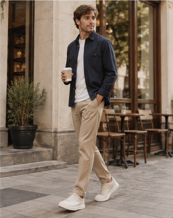 Hombre con look casual urbano junto a una cafetería y sneakers de hombre en color claro