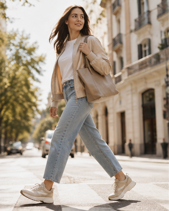 Mujer caminando por una calle urbana con look casual y sneakers de mujer en tonos neutros