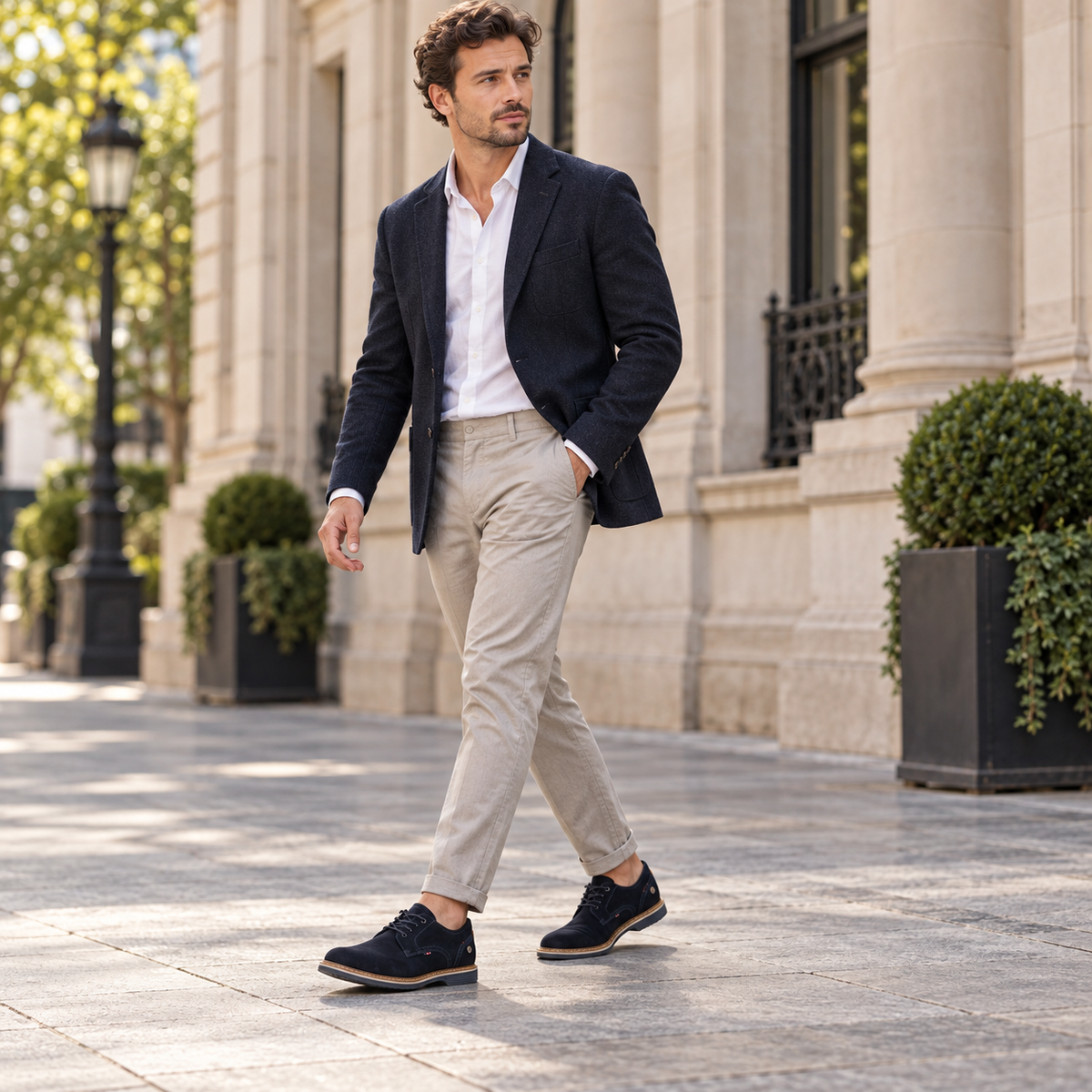 Paseo elegante con zapatos azul marino