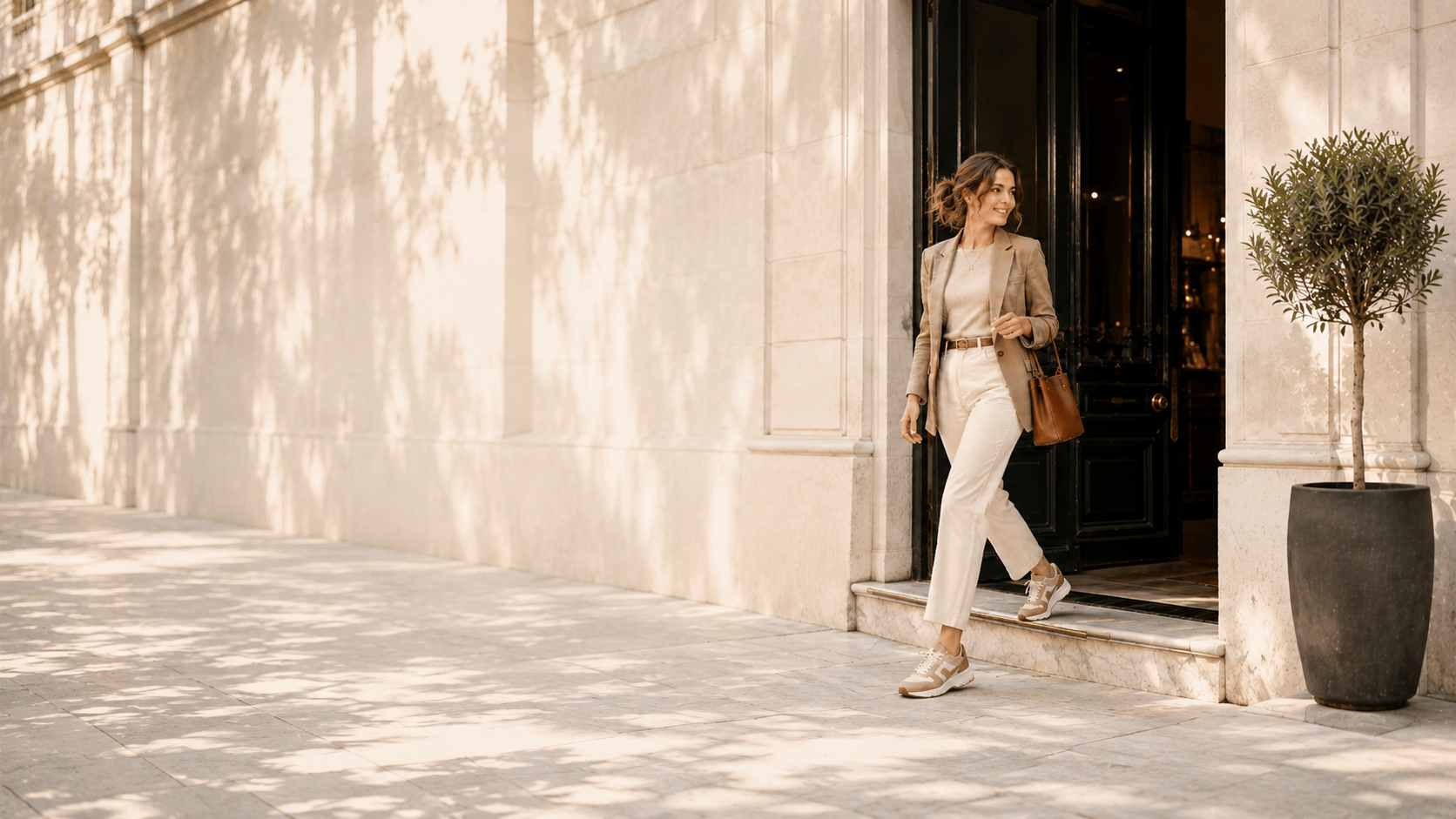 Mujer saliendo de elegante edificio urbano