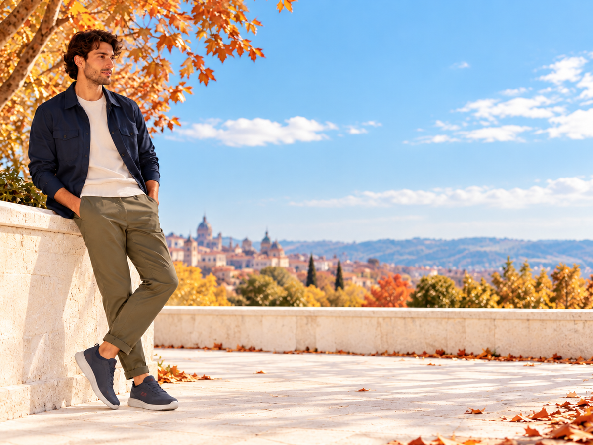 Hombre con outfit casual de otoño y zapatillas Skechers azul marino, apoyado en un muro claro con vistas urbanas y árboles de tonos otoñales al fondo.